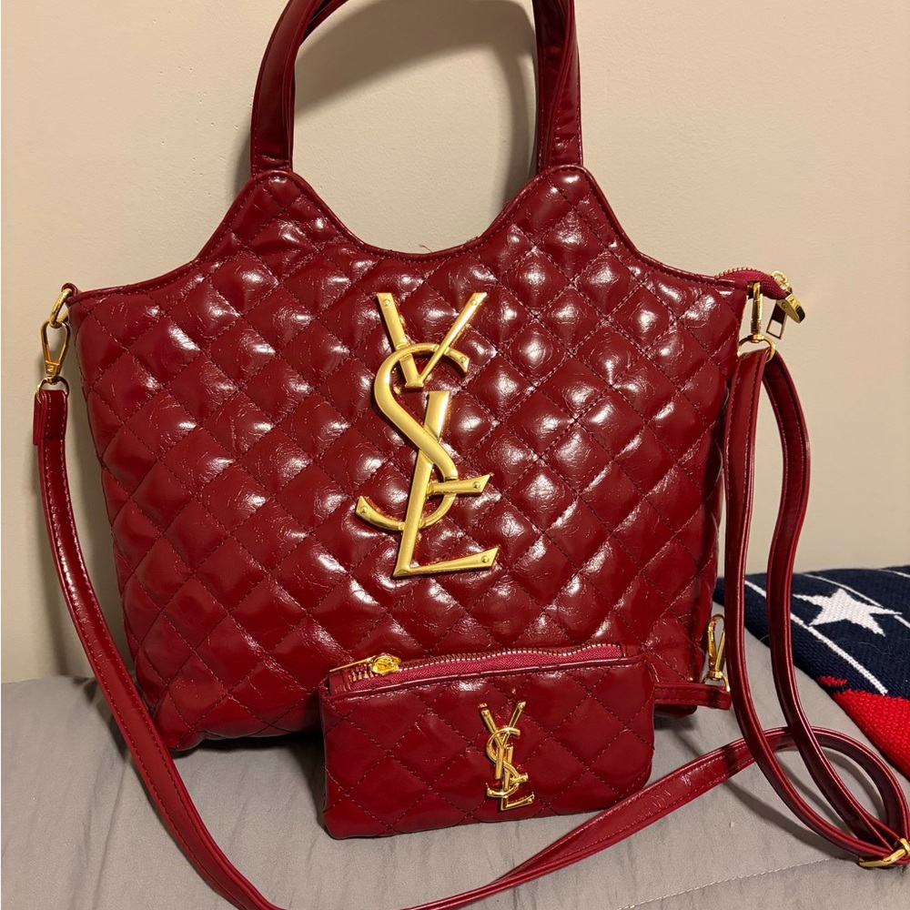 Saint Laurent Red Quilted Leather Tote with Gold Logo
